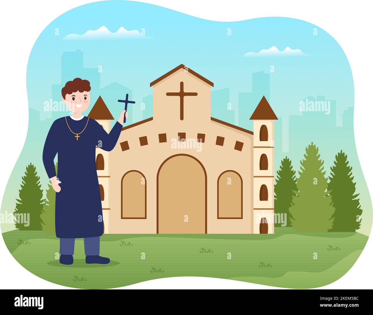 Pastor Giving a Sermon of God in Cassock at a Catholic Church from Pulpit and Baptism in Flat Cartoon Hand Drawn Templates Illustration Stock Vector