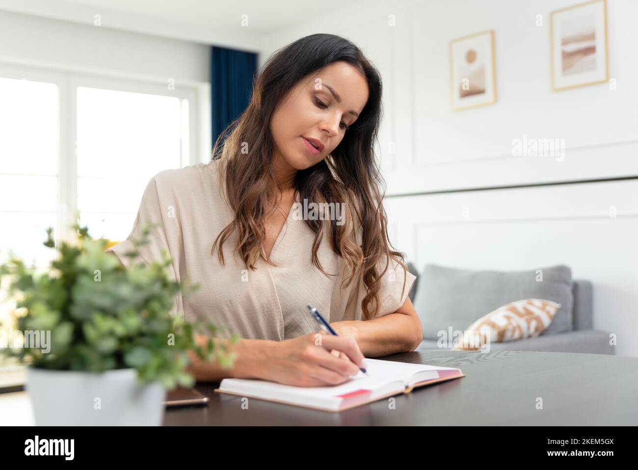 Attractive, beautiful brunette woman working at home, planning tasks. Stock Photo