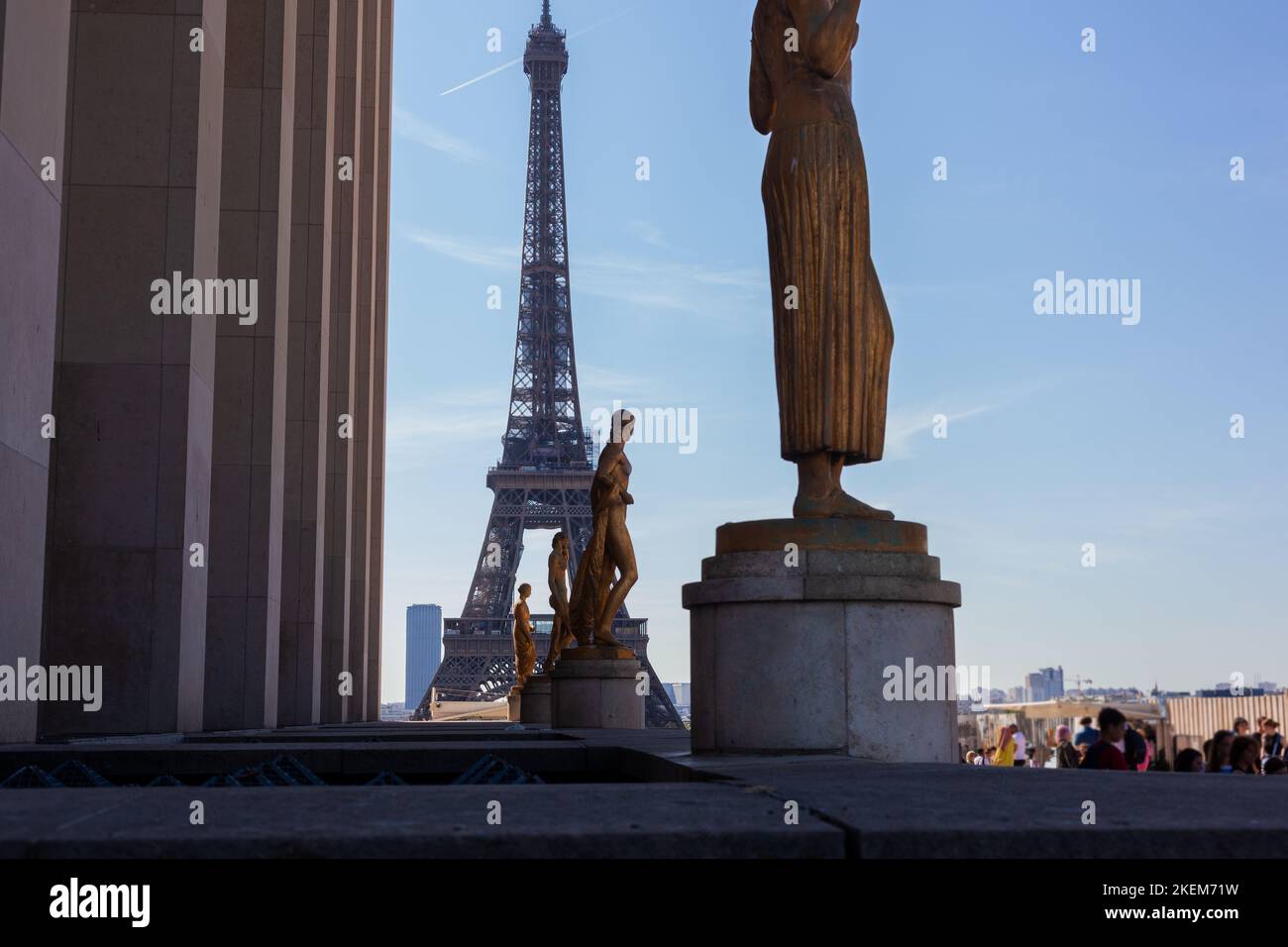 View of Sculptures on Trocadero with Eiffel Tower on background, Paris. France Stock Photo