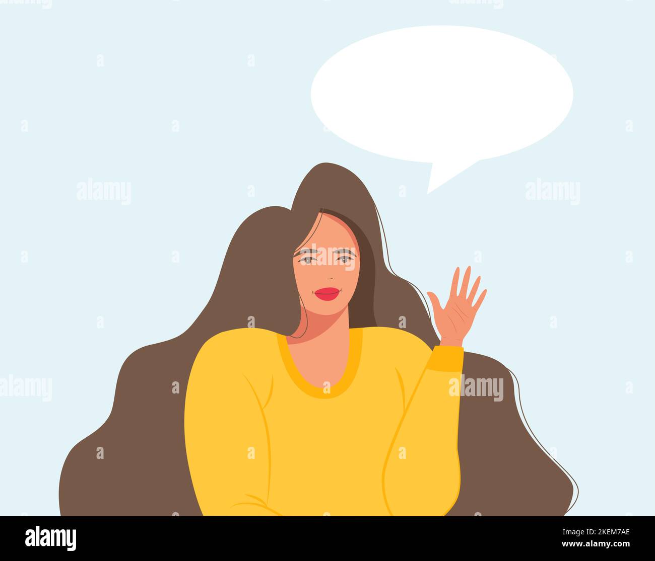 A young beautiful woman waves her hand, near a large speech bubble. The concept of freedom of speech. Vector illustration. Happy girl. Stock Vector