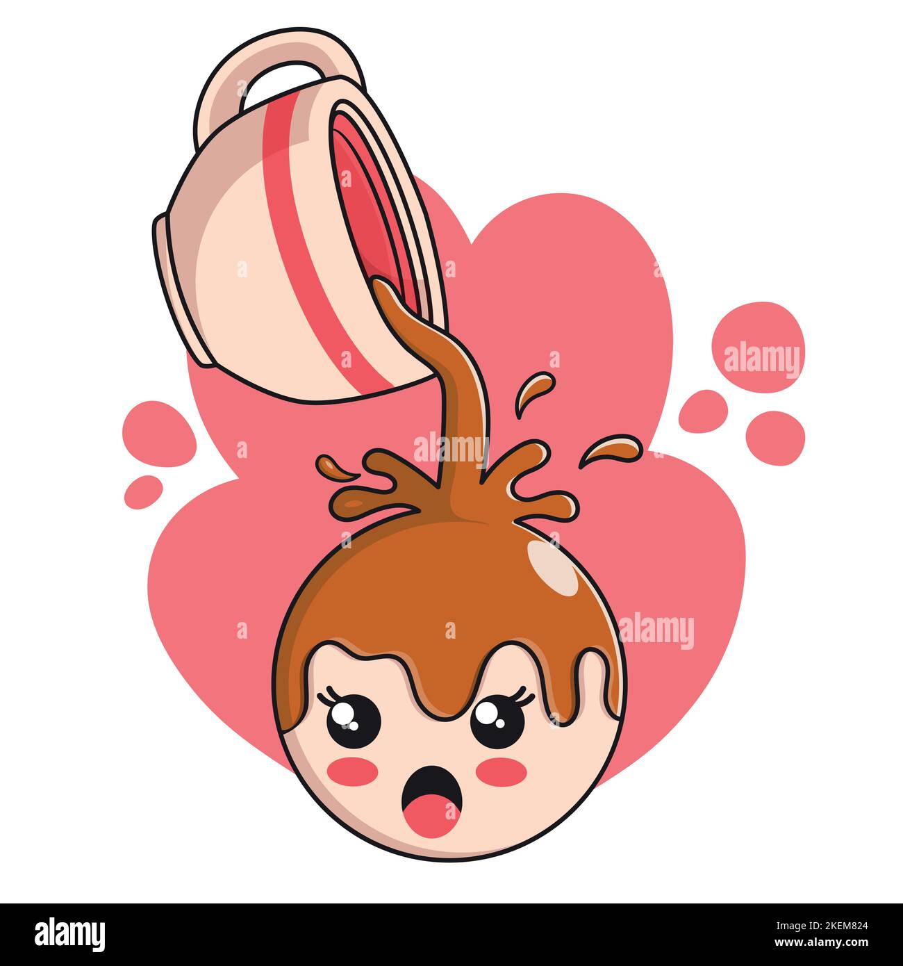 A cup of coffee poured on a surprised screaming cartoon candy with red