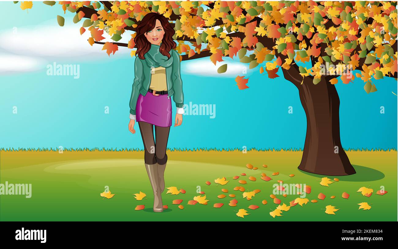 Autumn Leaves Fashion Female Character on an Outdoor Fall Background Scene. Vector Illustration Stock Vector