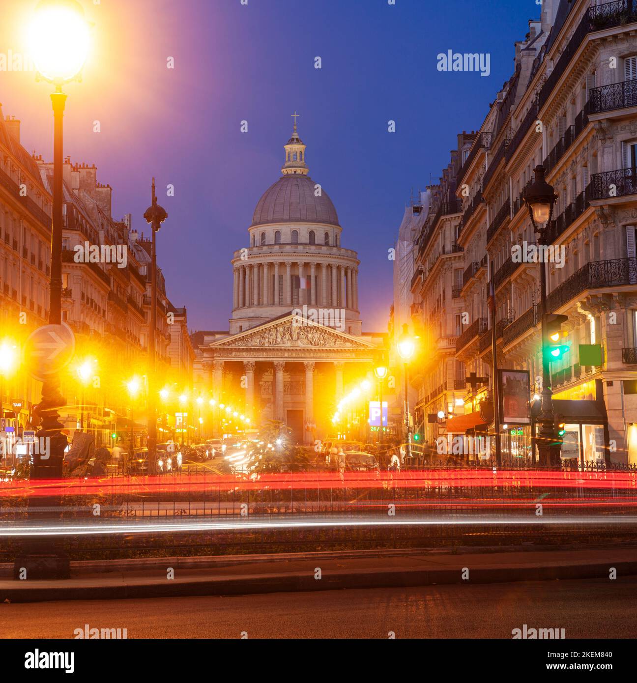 View of the Pantheon building in Paris at sunset time with the street