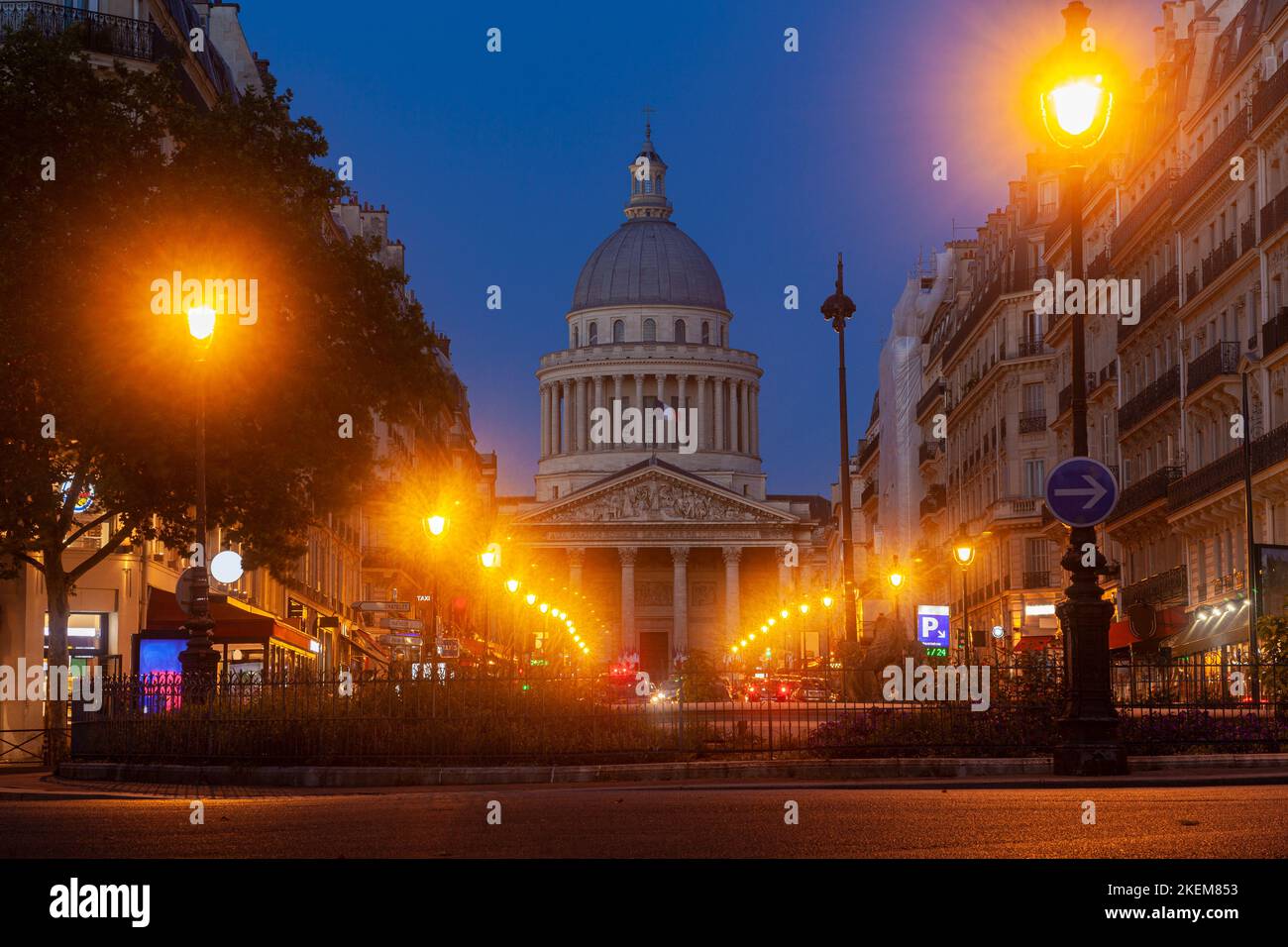 View of the Pantheon building in Paris at sunset time with the street