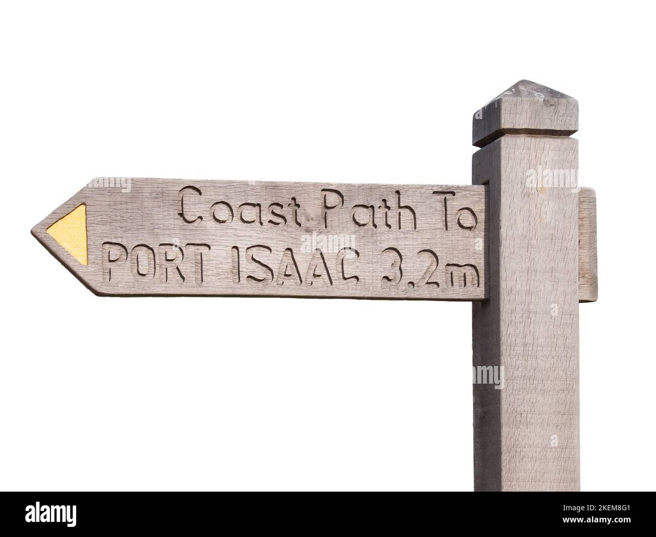 Signpost on the cornish coast path between Port Quin and Port Isaac in north Cornwall. Isolated object with white background. Stock Photo