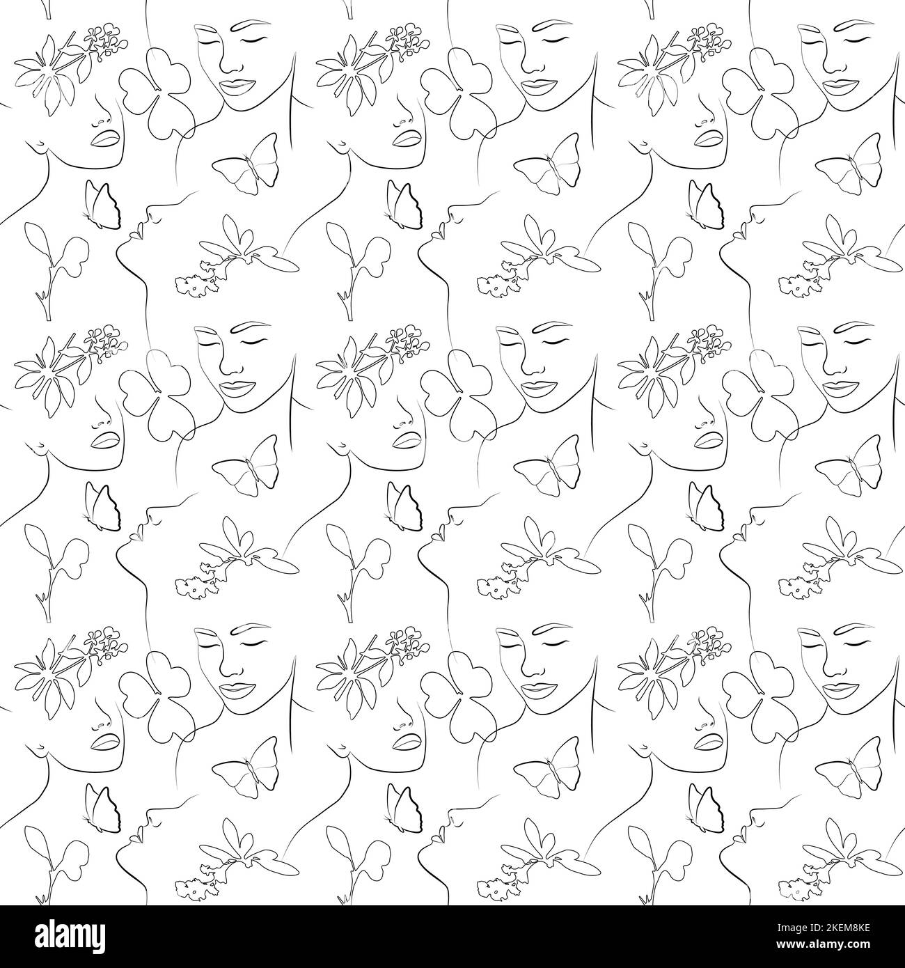 Modern minimalistic portraits with plants in doodles. A set of seamless ...