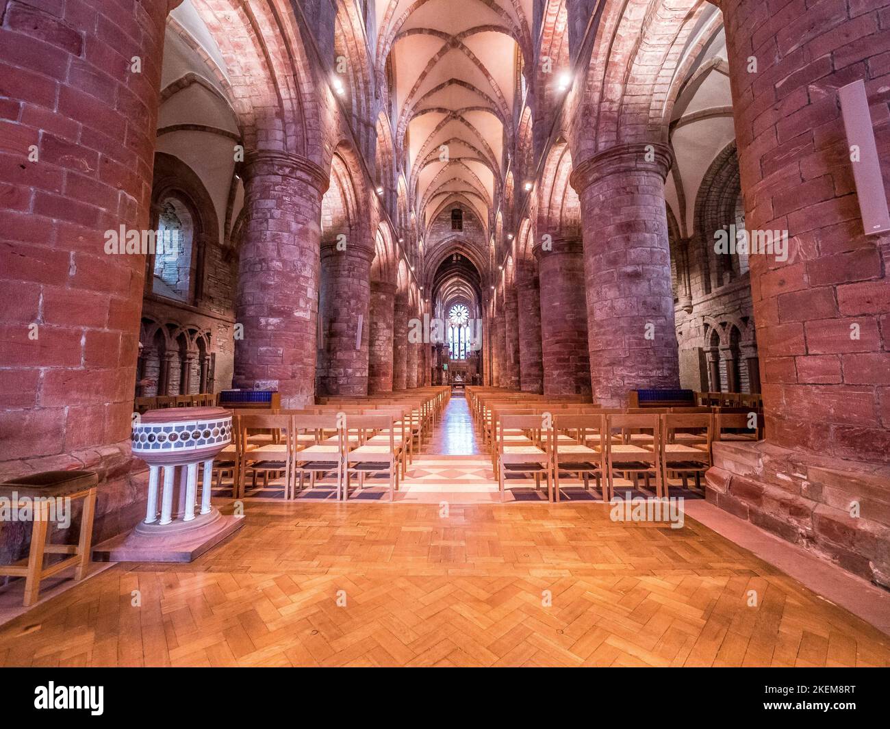 The image is of the interior of the 12 century cathedral of St Magnus