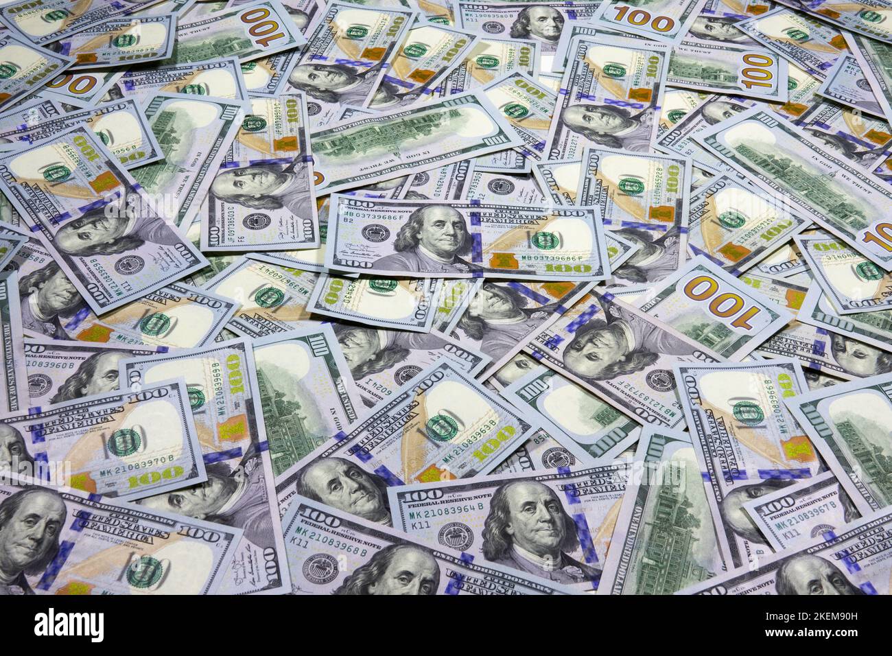 Top view of one hundred dollar banknotes of American dollars. USA national currency. US dollars background. Banking and financial concept Stock Photo
