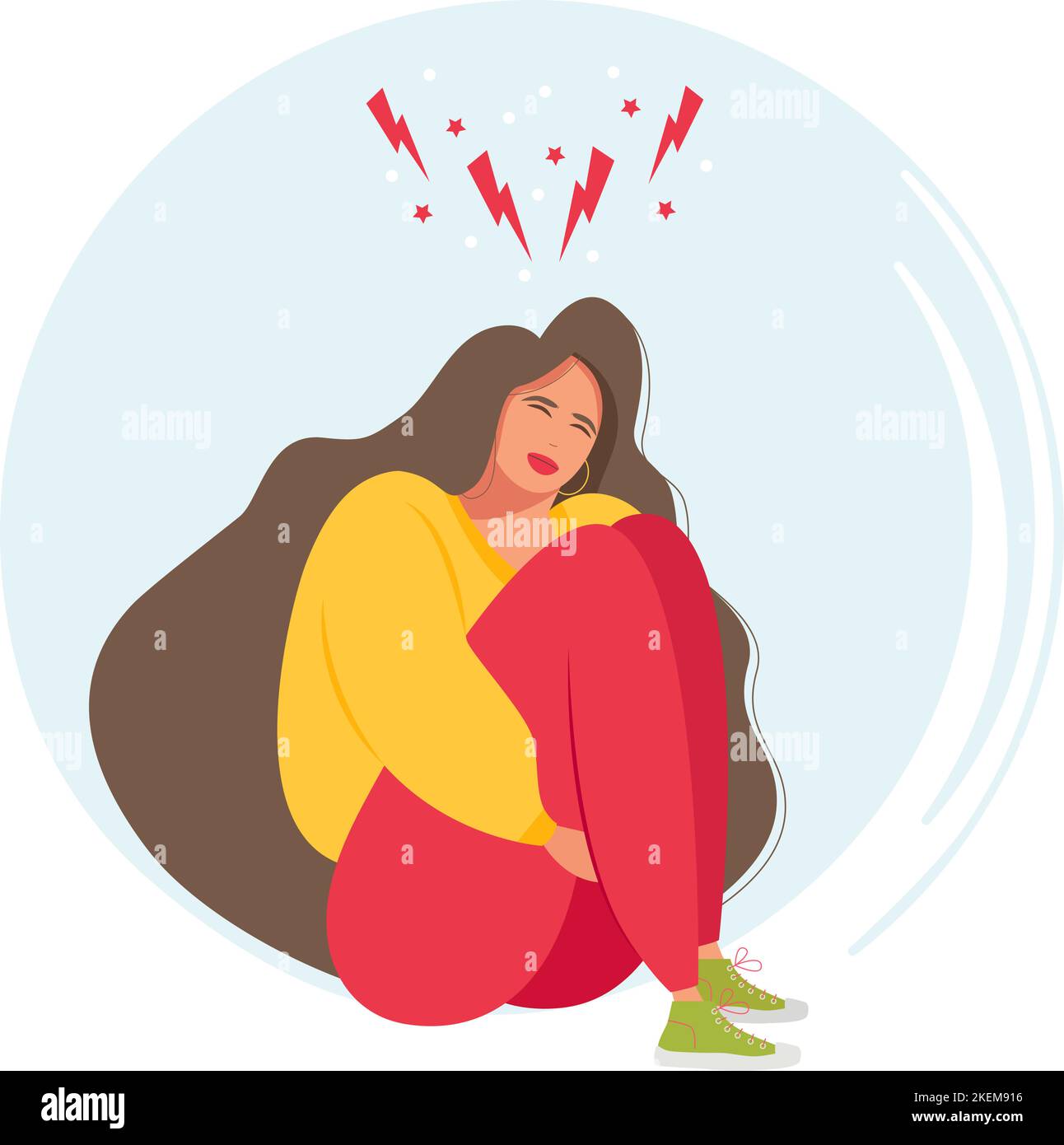 A young and beautiful woman has a terrible headache. A sad woman suffers from migraines. The girl sits and hugs herself with her arms. Stock Vector