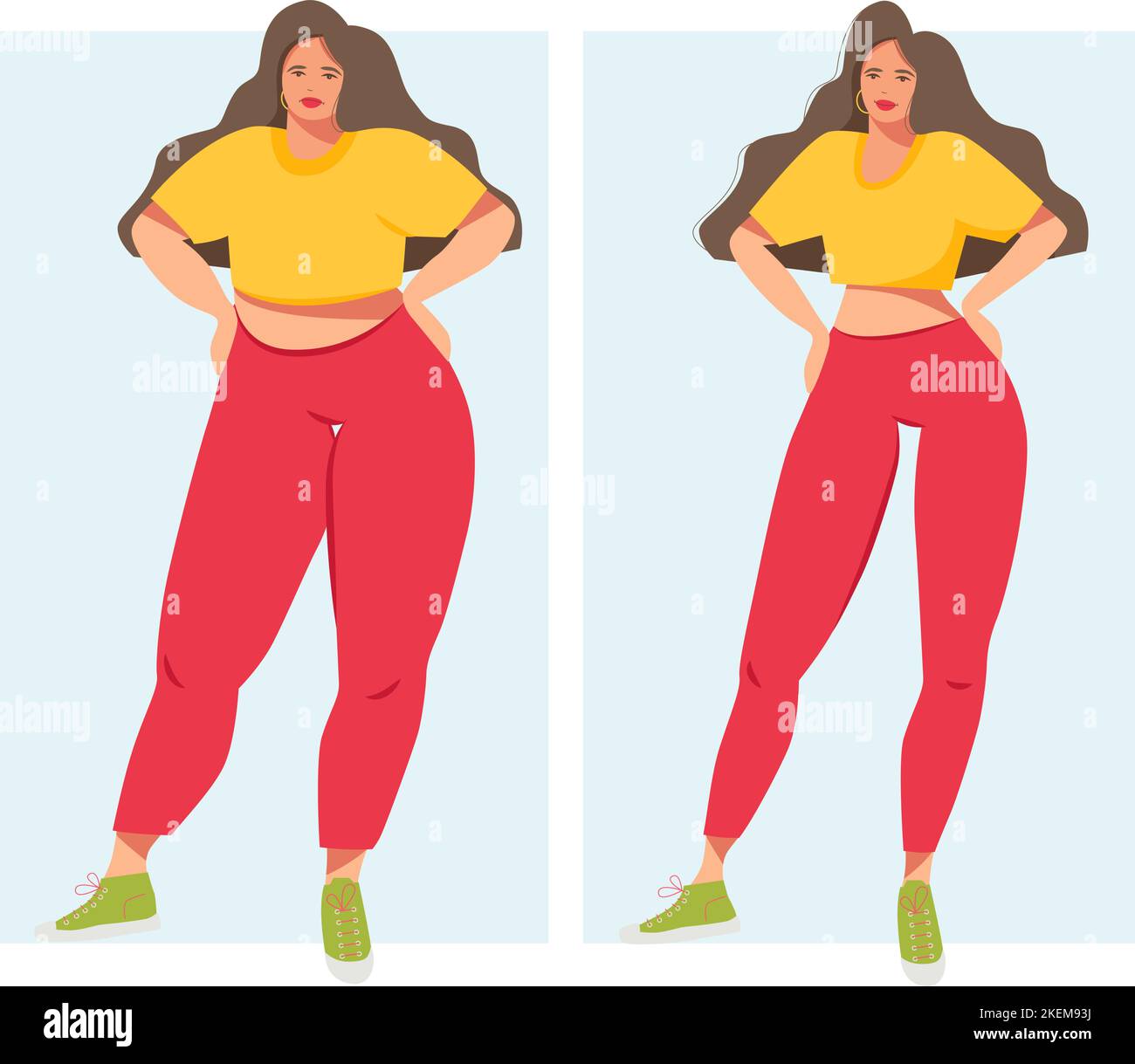 A young sad overweight woman and an equally happy woman with a slim body. Healthy and unhealthy lifestyle. Before and after the girl's body, the fat a Stock Vector