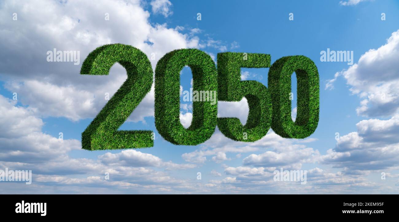 Numbers 2050 from grass. A symbol of sustainable development and full transition to renewable