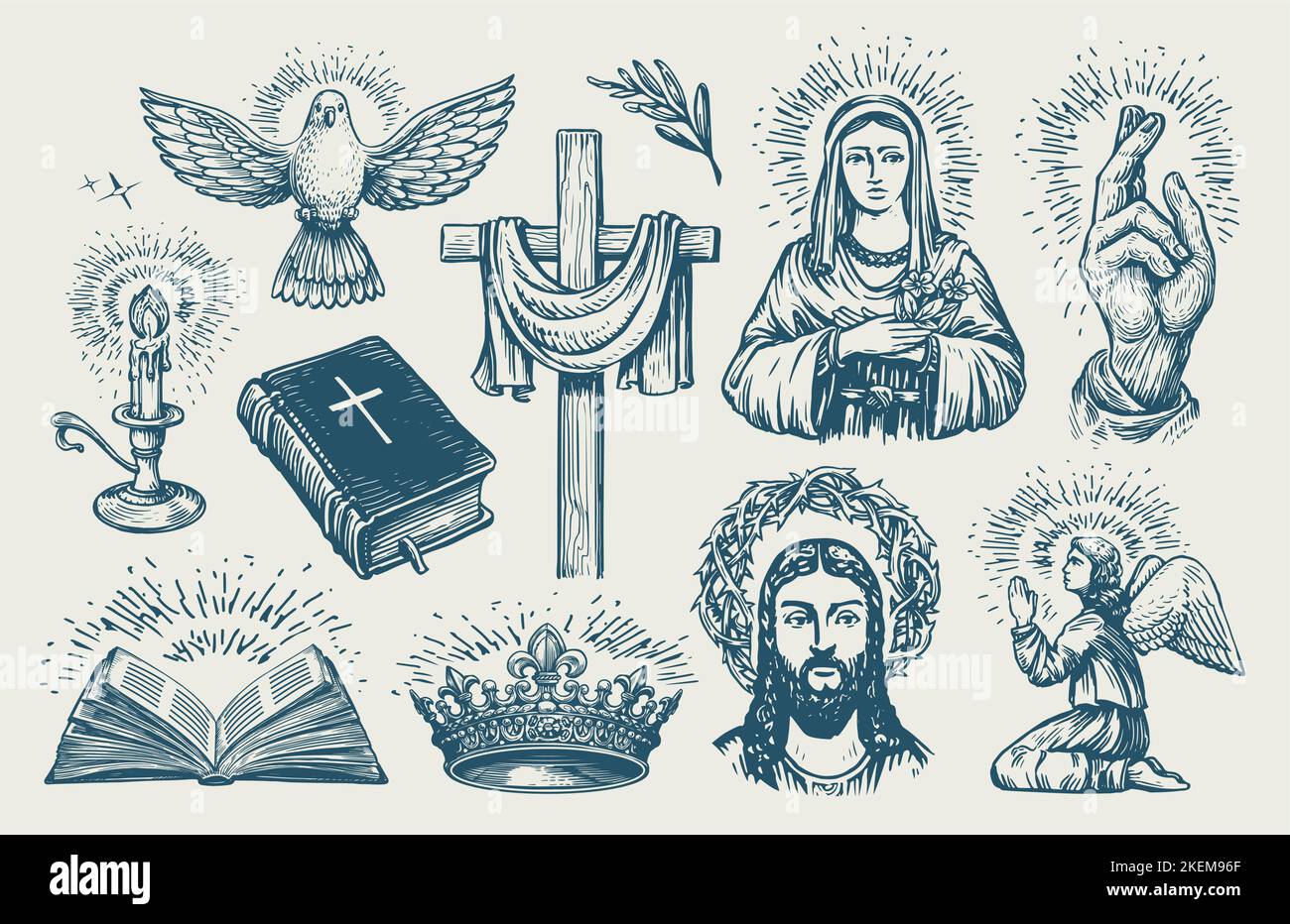 Religion symbols set sketch. Biblical motifs. Cross spirituality, catholicism, christianity religious elements Stock Vector