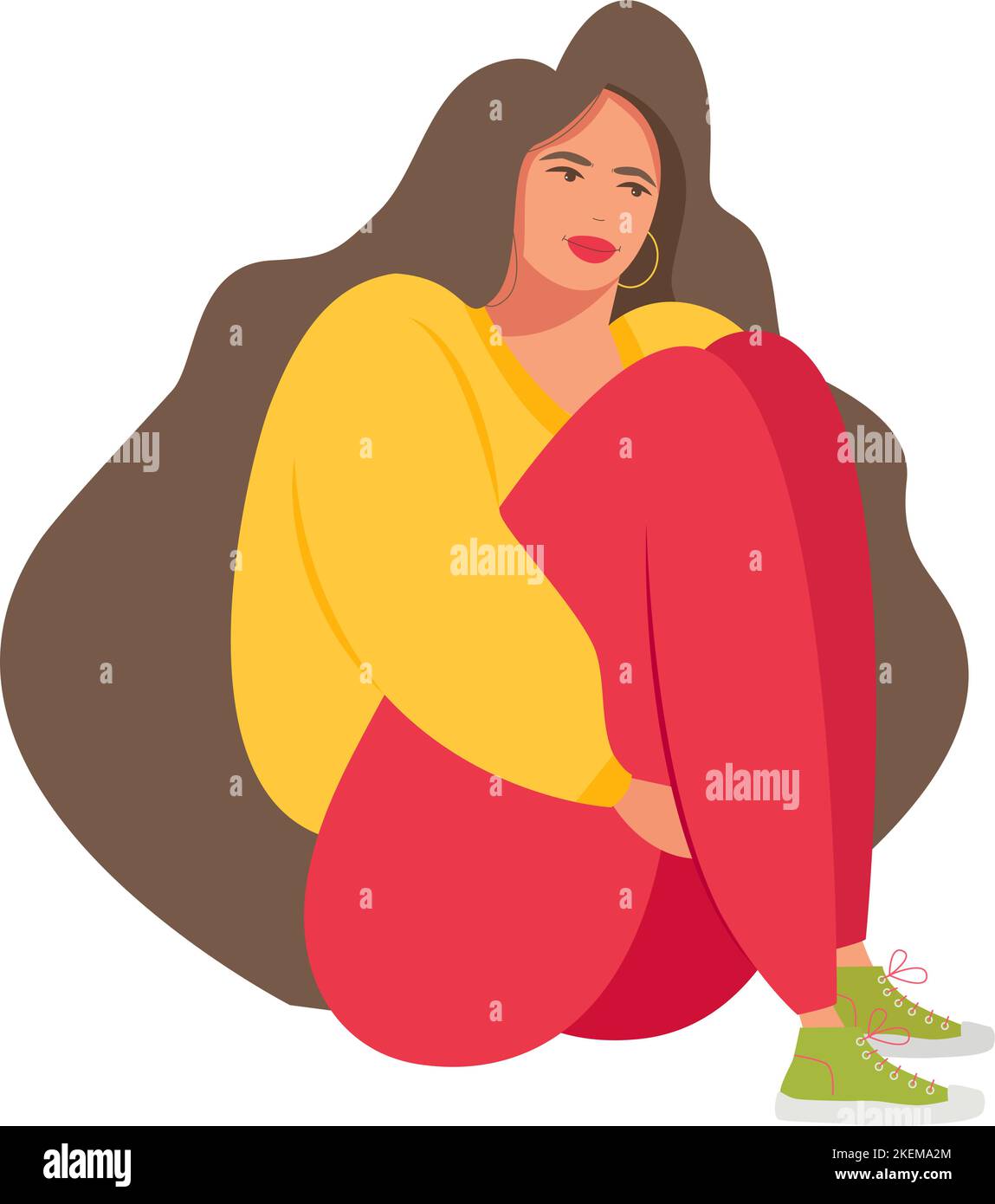 The concept of a sad girl sitting and hugging her knees. Stock Vector