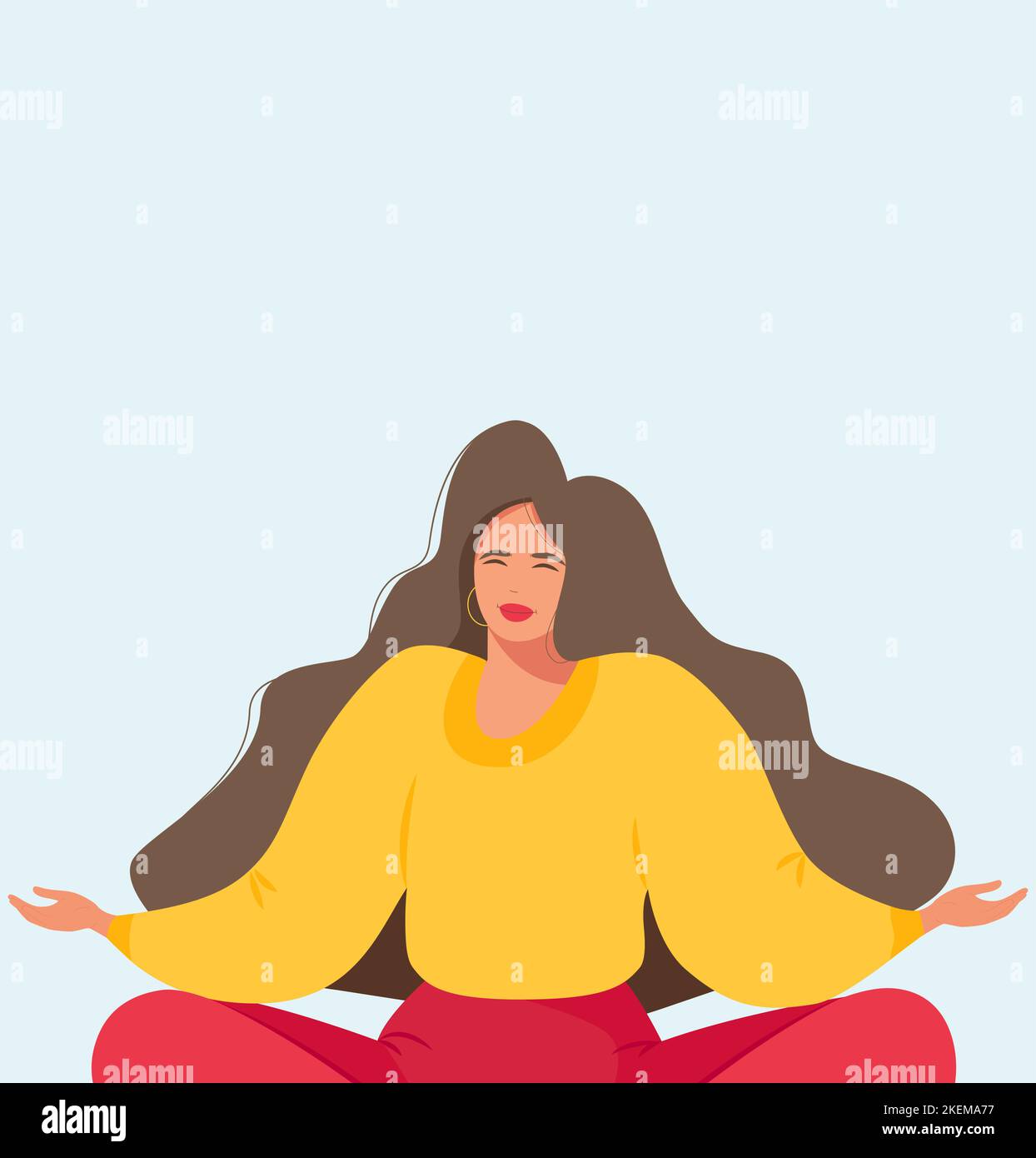 The girl is sitting in the lotus position. The benefits of meditation