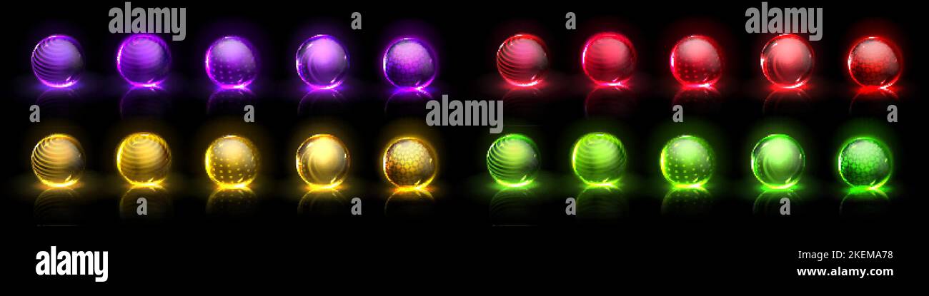 Force shield bubbles, energy glowing balls, spheres, defense fields. Science fiction glowing deflector elements purple, god, red and green firewall ab Stock Vector