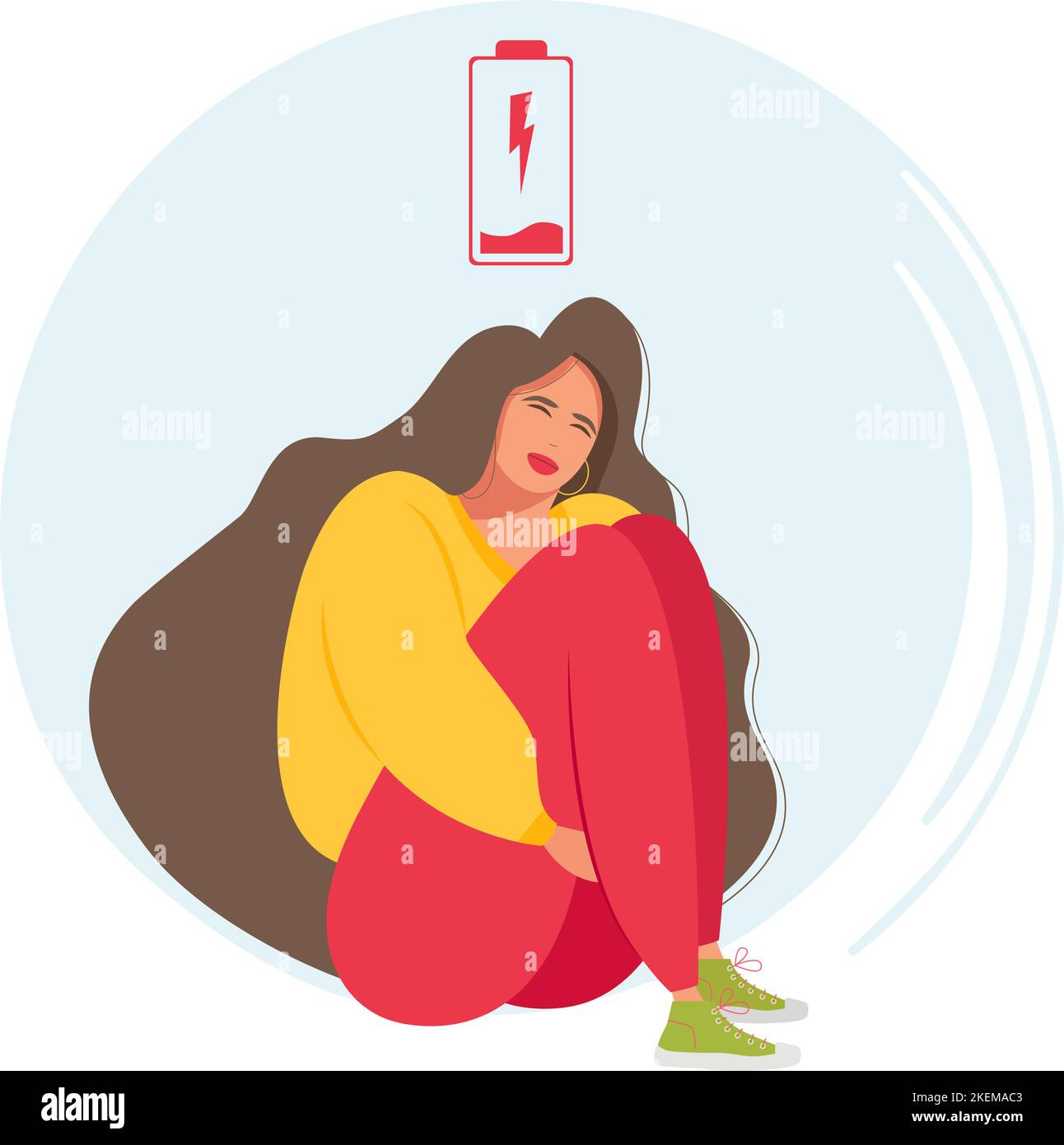 A tired woman is sitting with a dead battery in her thoughts. A beautiful, but powerless woman suffers from emotional burnout or mental disorder. Stock Vector