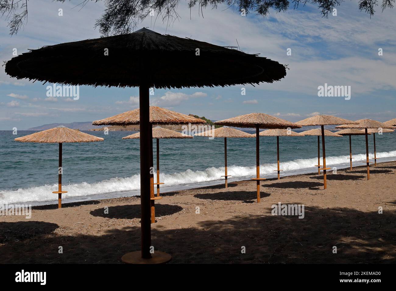 Anaxos beach scene at the end of summer season.. Lesbos island. October 2022. Autumn. Stock Photo