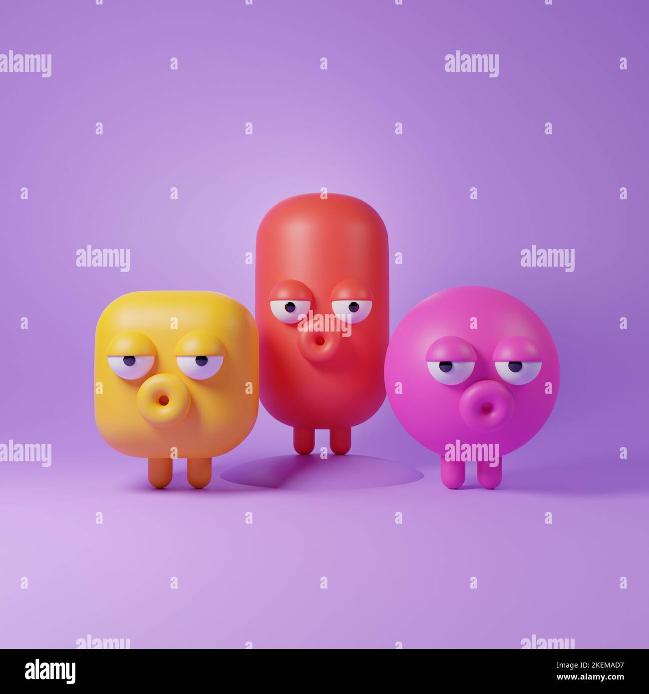 Emotion dull brothers, yellow, red and pink dull monsters on purple background. 3d rendering Stock Photo