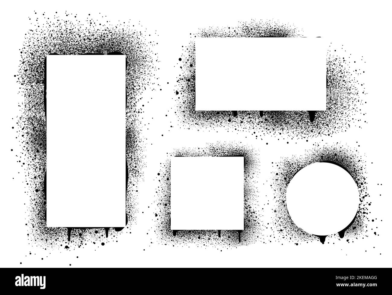 Spray paint frames, black graffiti stencil borders isolated on white background. Airbrushing rectangular, square and round banners, stenciling backdro Stock Vector