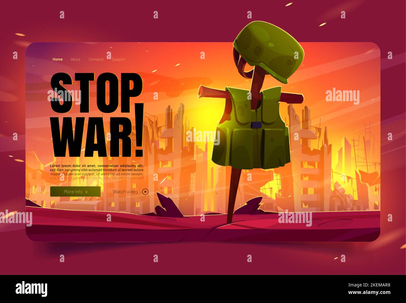 Stop war landing page template. Cartoon vector illustration of bombed