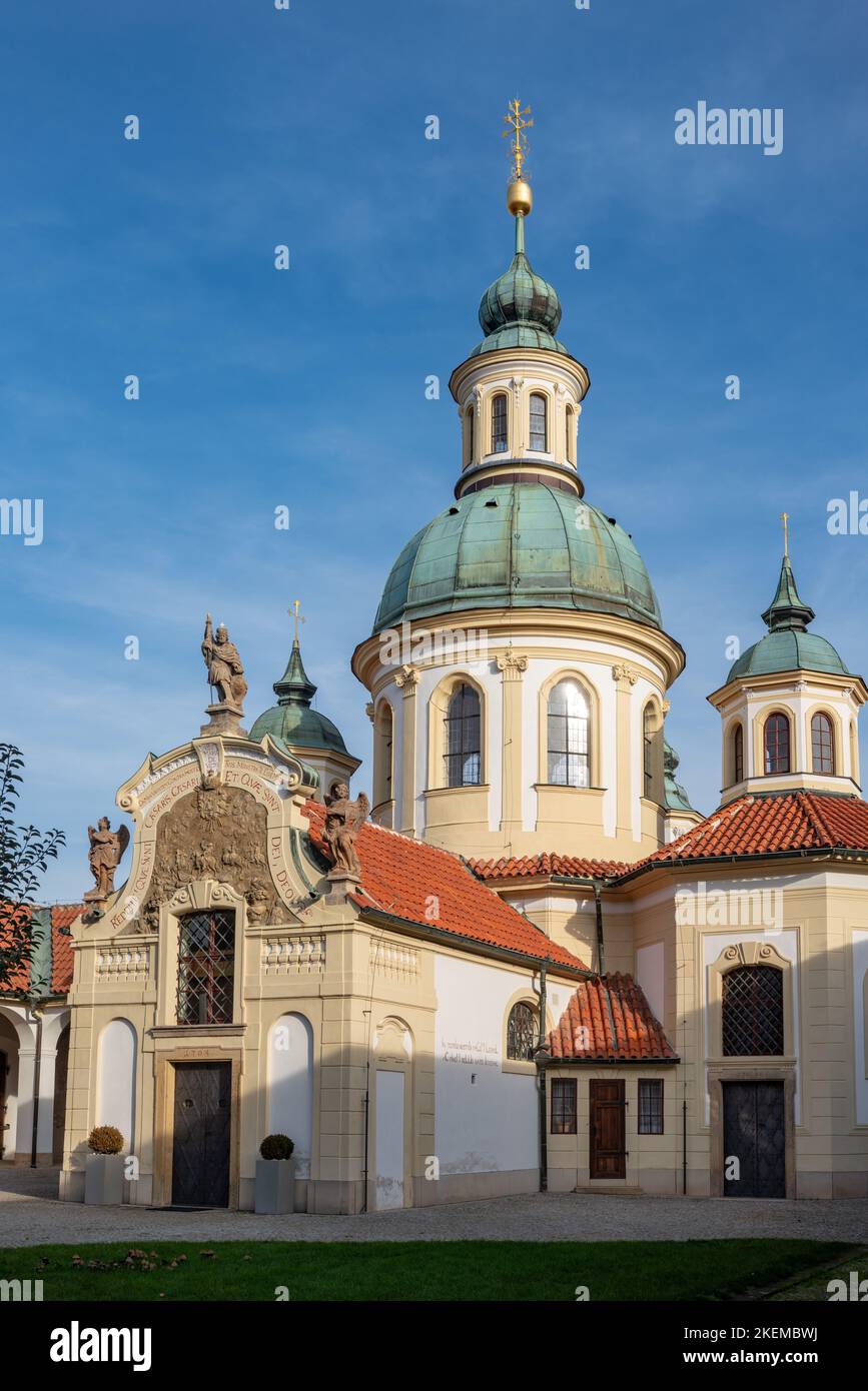 Shrine of Our Lady Victorious at Bílá hora in Prague, baroque Catholic complex from 18th century. Church in the center of the monastery. Stock Photo