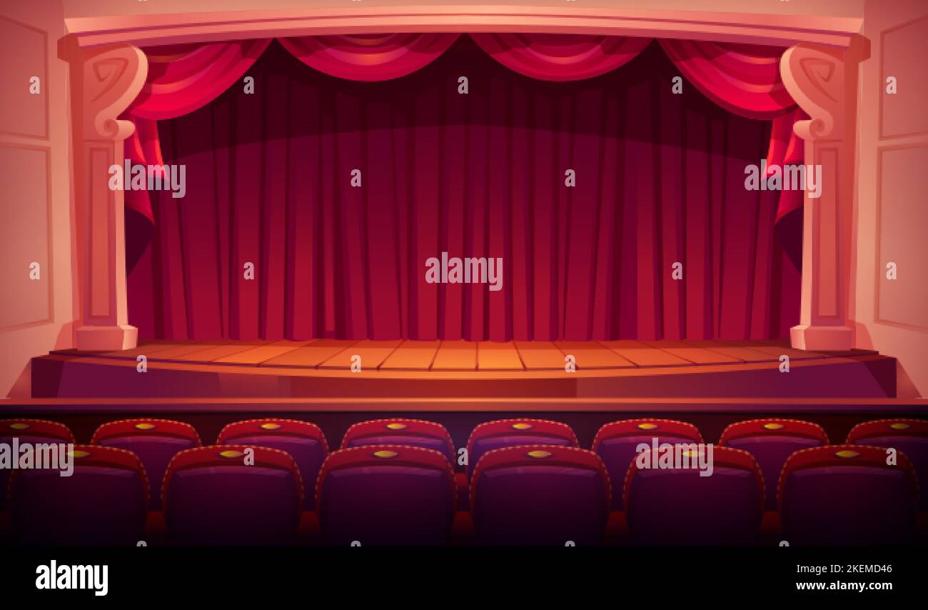 Theater stage with red curtains, rows of theatre seats, columns, spotlights illumination on wooden floor. Classic scene for performance, opera, concer Stock Vector