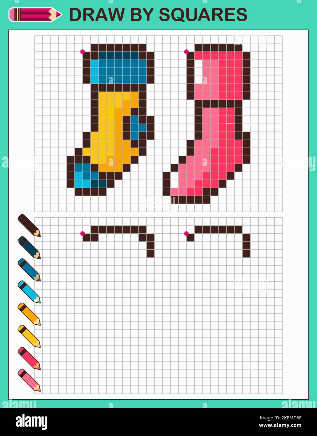 Draw socks by squares. Copy the picture. Game for kids. Stock Vector