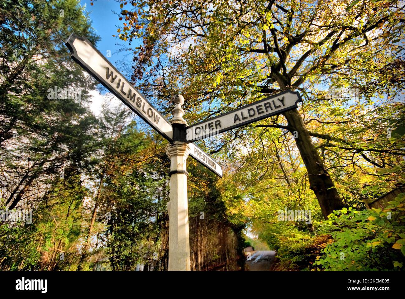 Cheshire Golden Triangle. A signpost near Prestbury Village pointing to all three corners of the Cheshire golden triangle. Stock Photo