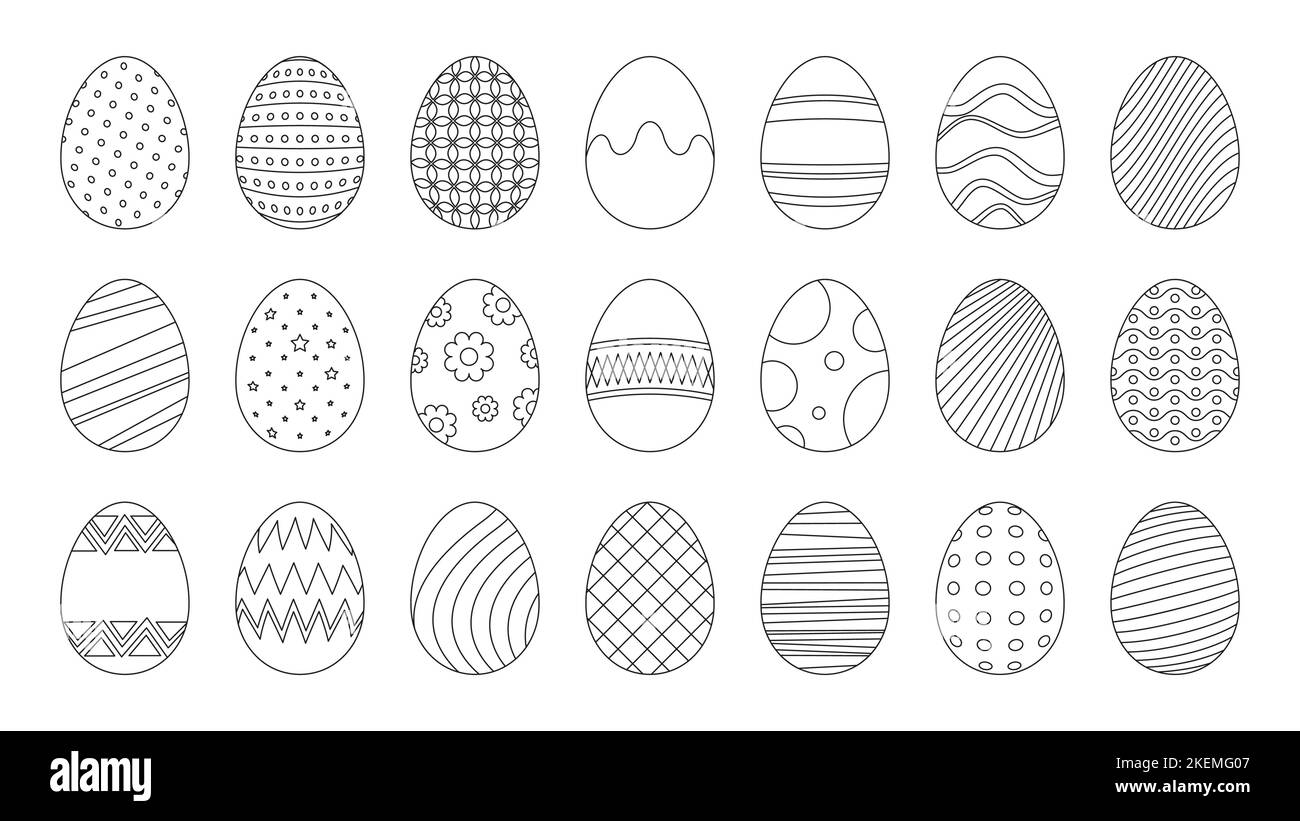 Easter eggs line icons. Black outline sketch doodle style for egghunting decoration, simple minimal decor for holiday greeting card. Vector set of easter outline doodle sketch illustration Stock Vector