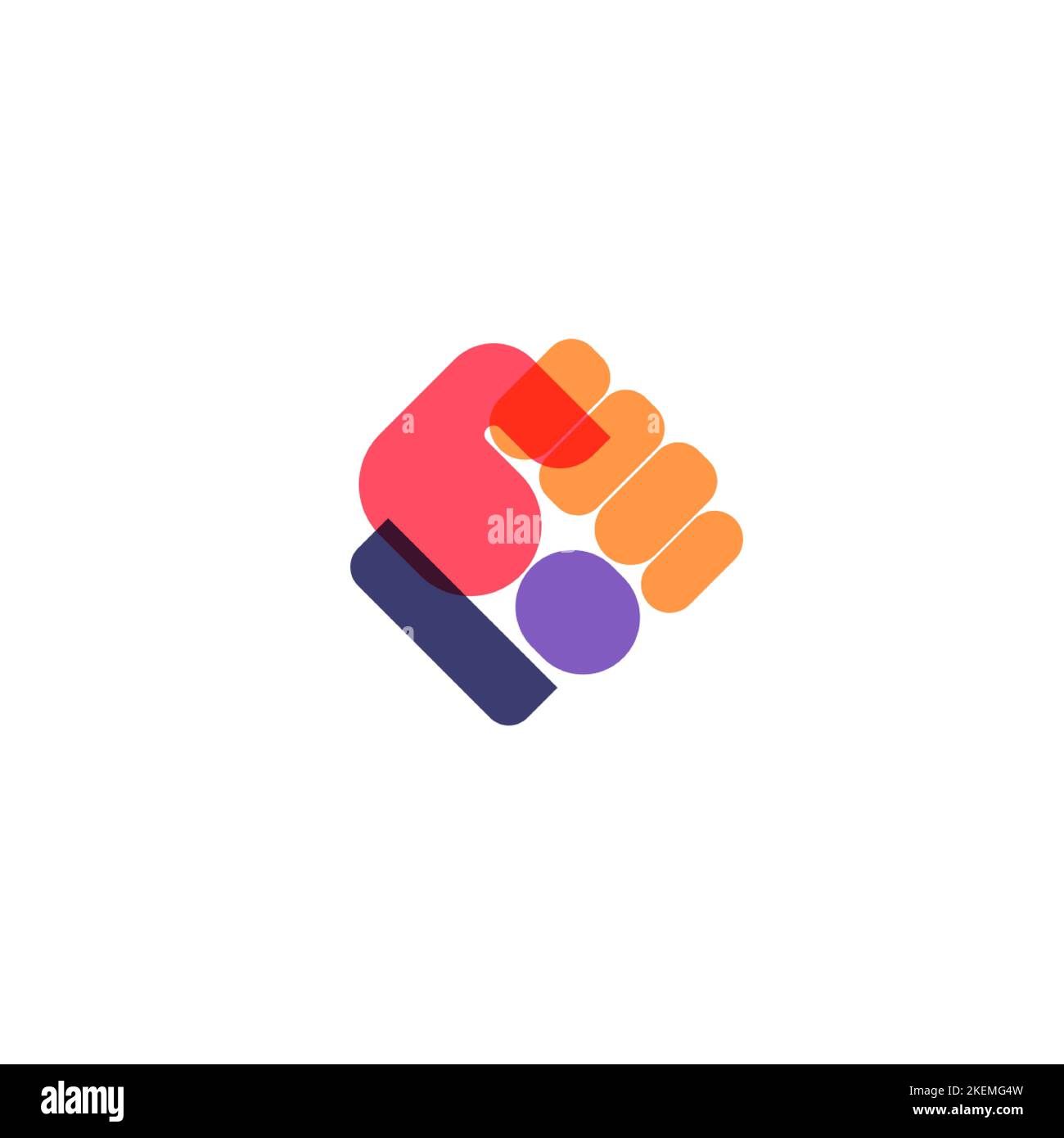 Clenched palm in fist, cubism style abstract logo design. Bright colored flat geometric figures, vector icon of geometric primitives. Forse strength Stock Vector