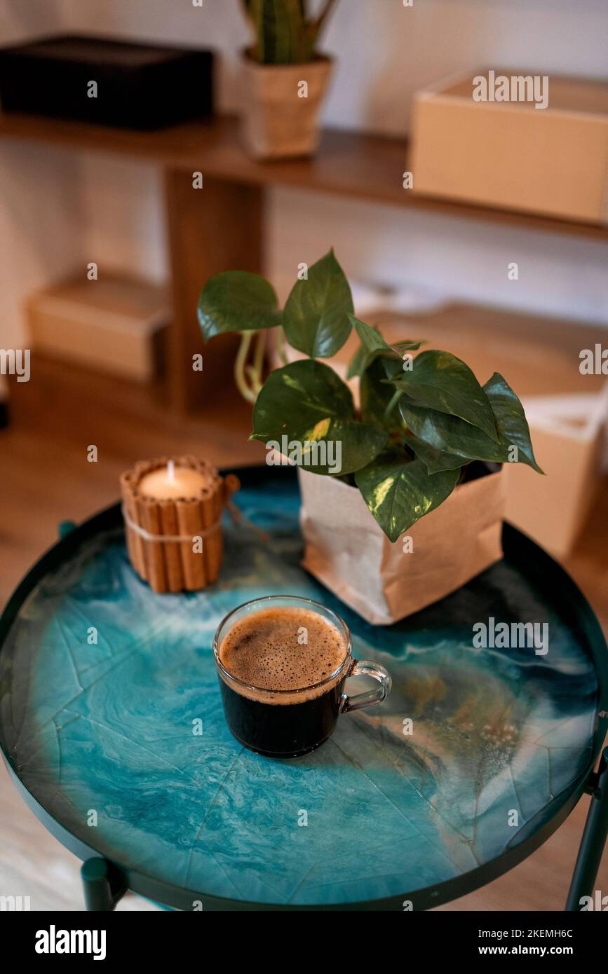 Interior photography of modern style open plan lounge room, details of