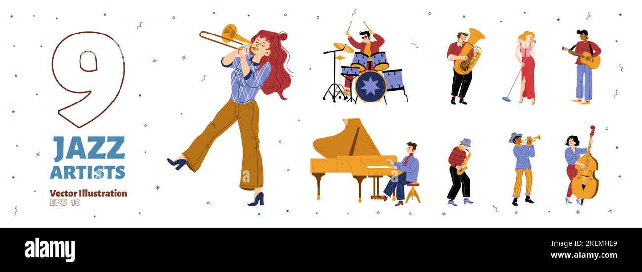 Set of Jazz band artists performing music. Men and woman playing on instruments drum kit