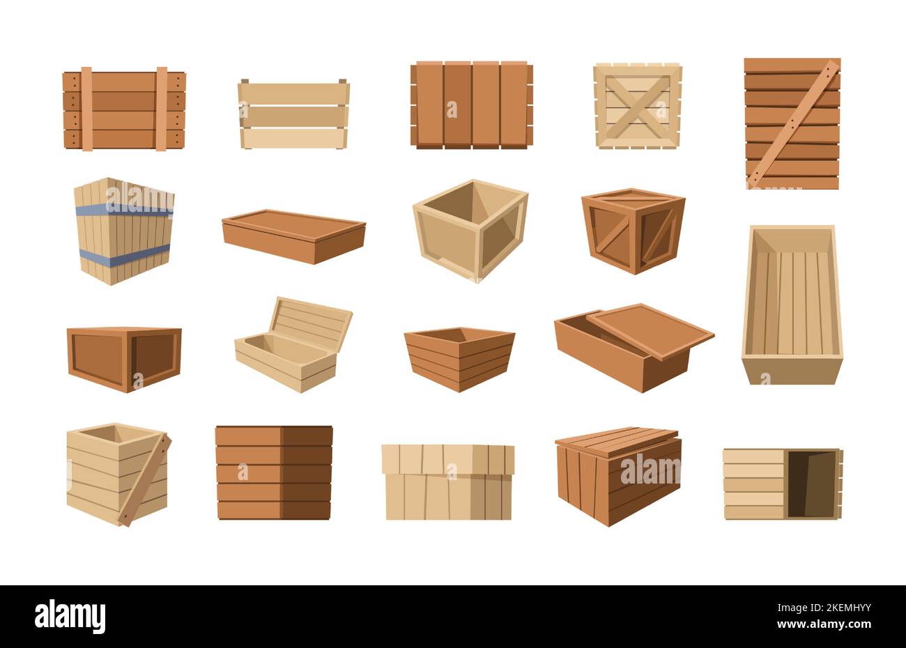 Wood container. Cartoon warehouse with wooden boxes crates pallets containers for delivery goods, market shipment distribution packaging. Vector set of container wood for warehouse Stock Vector