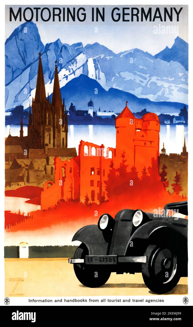 Motoring in Germany by Ludwig Hohlwein (1874-1949). Poster published in 1930. Stock Photo