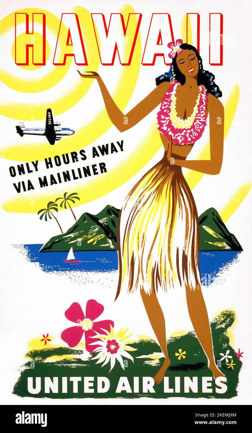 Hawaii. Only hours away via Mainliner. United Air Lines. Artist unknown