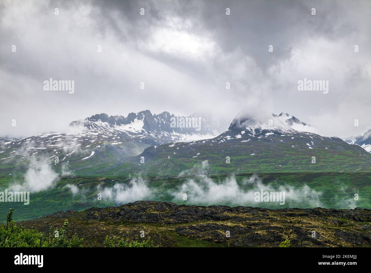 Cloud enshrouded Chugach Mountains near Thompson Pass; Richardson Highway; Alaska; USA Stock Photo