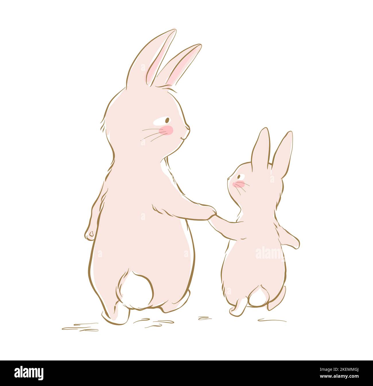 Daddy bunny and little bunny walking together. Rear view of a cute family of beige rabbits Stock Vector