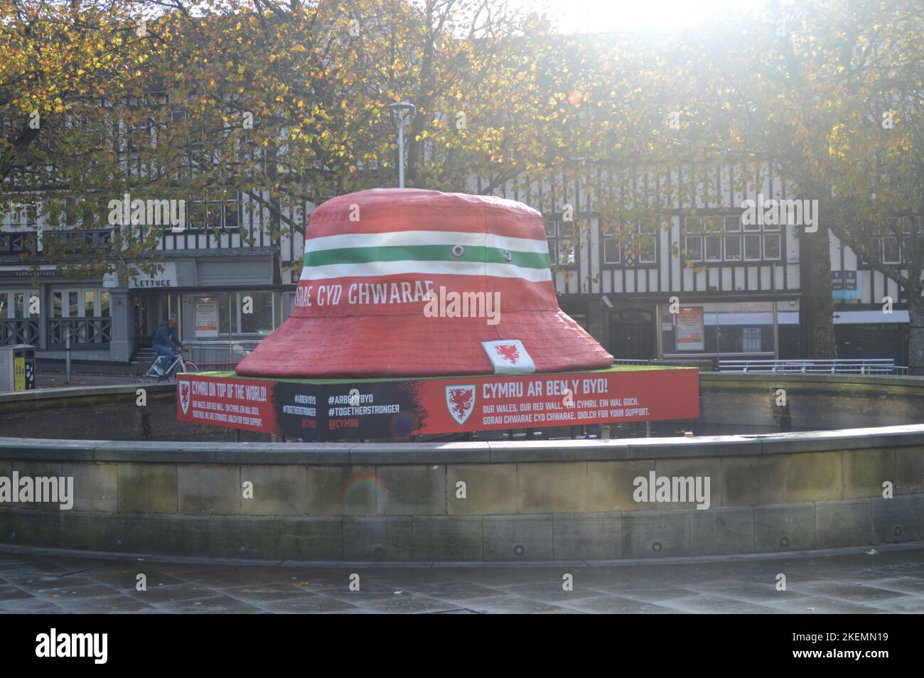 13th November 2022, Swansea, Wales, United Kingdom. A large bucket hat displayed in Swansea's Castle Gardens to support Wales in the 2022 World Cup. Stock Photo