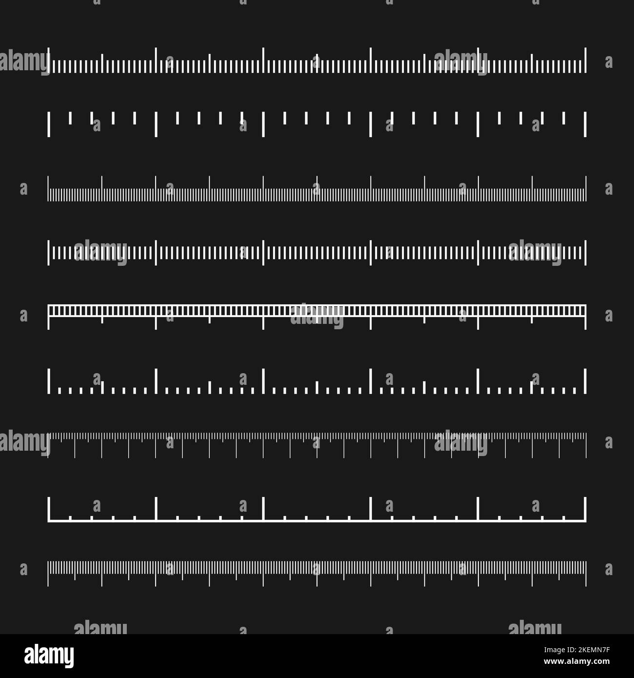 Various measurement scales with divisions. Realistic white scale for