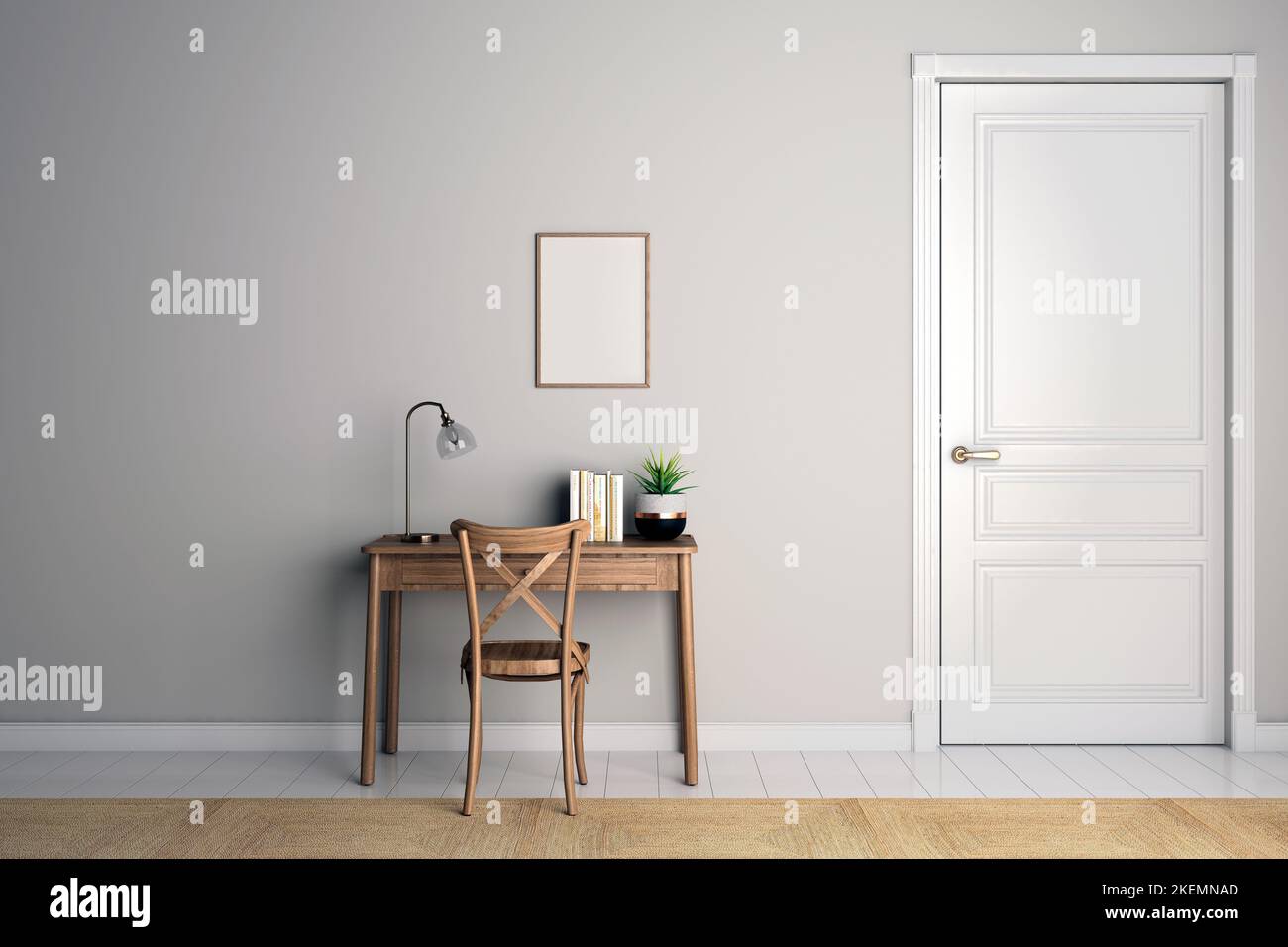 The 3Drendered wooden reading table and chair at the gray wall of a