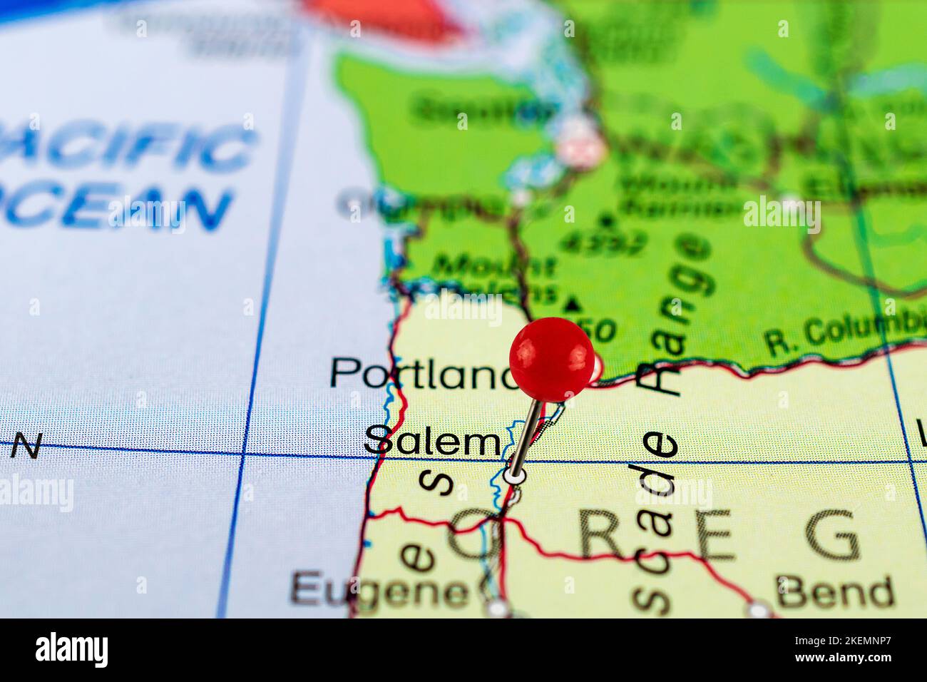 Salem pin map. Close up of Salem map with red pin. Map with red pin point of Salem in USA Stock