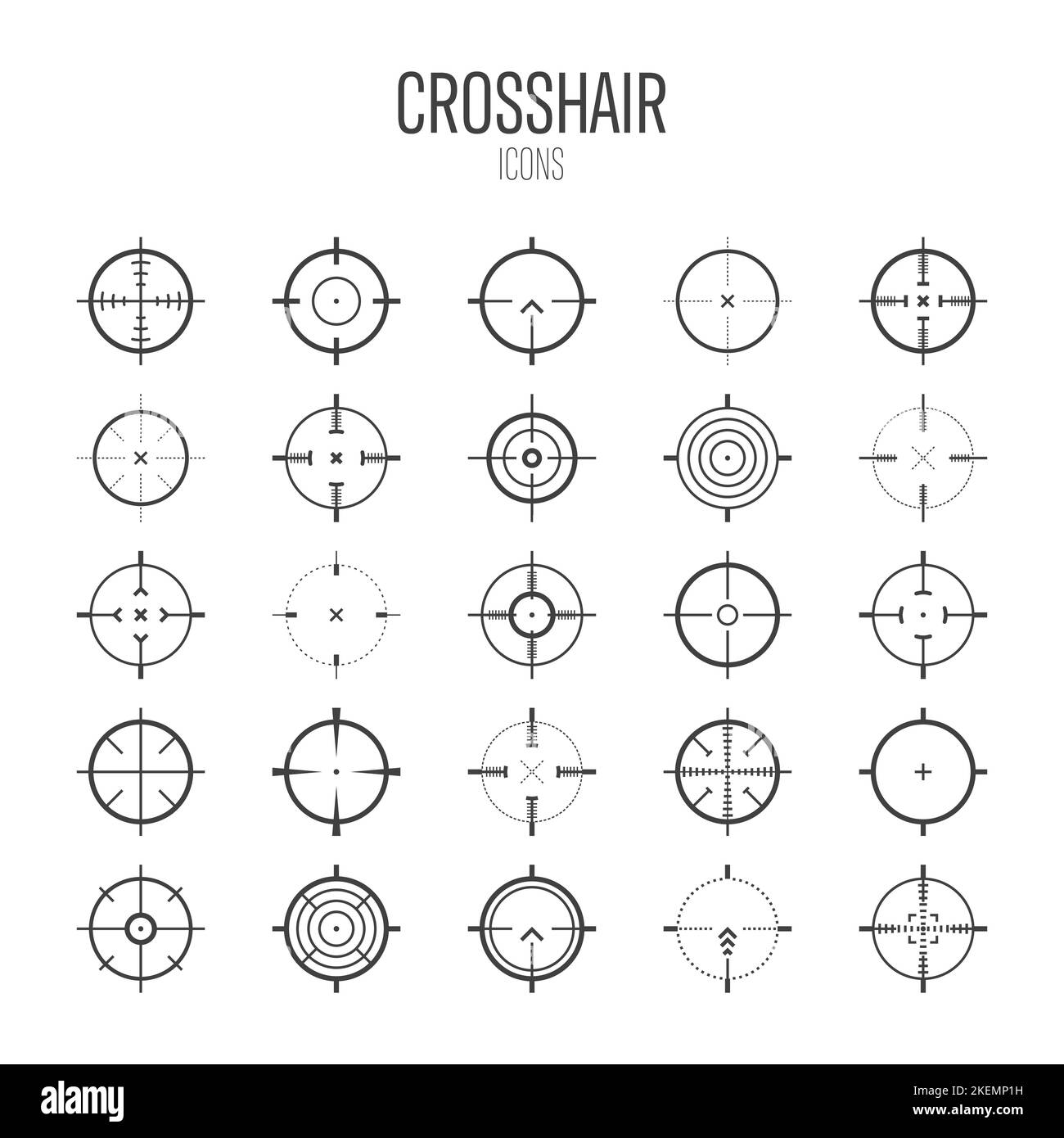 Crosshair, gun sight vector icons. Bullseye, black target or aim symbol. Military rifle scope