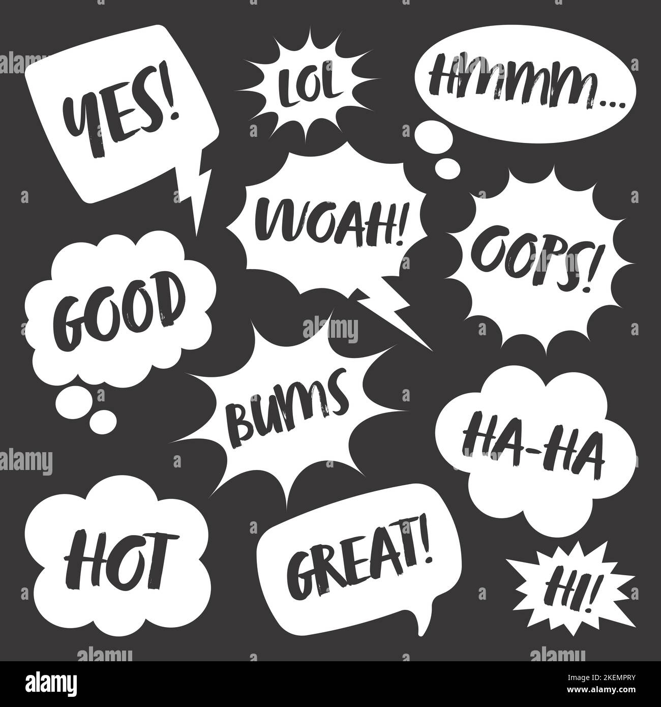 White comic speech bubbles with handwritten text on dark background ...
