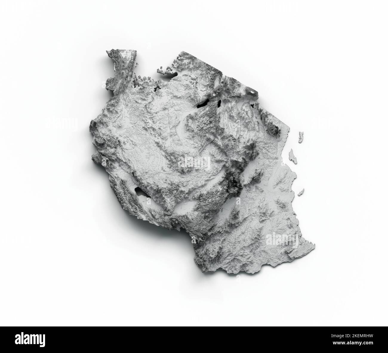 A 3d rendering of a Tanzania map with shaded relief isolated on white background Stock Photo