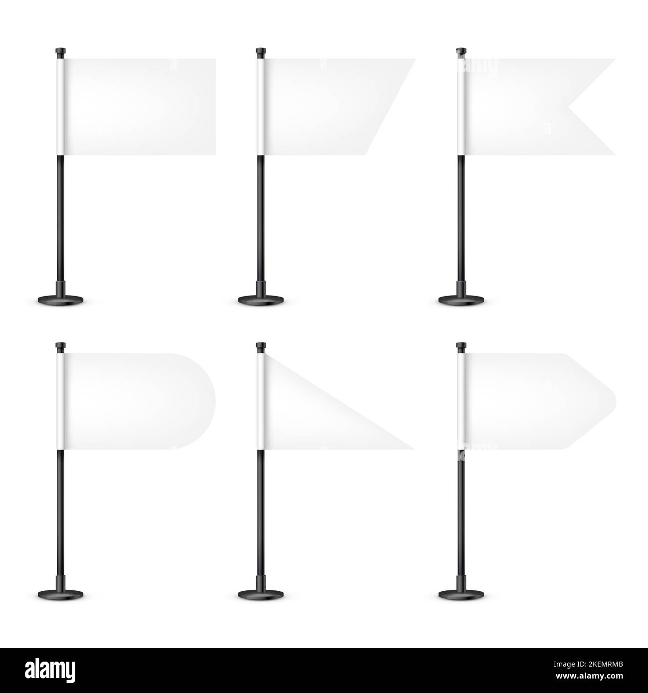Realistic various table flags on a steel pole. Blank white desk flag