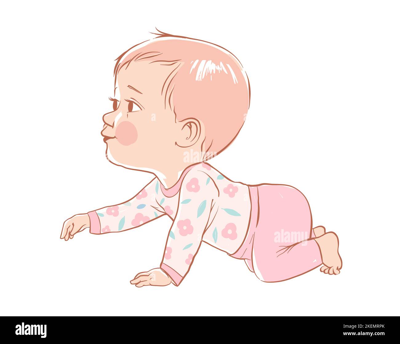 Cute brown hairead baby boy crawling. Active baby of 3-12 months dressed in baby clothes. Stock Vector