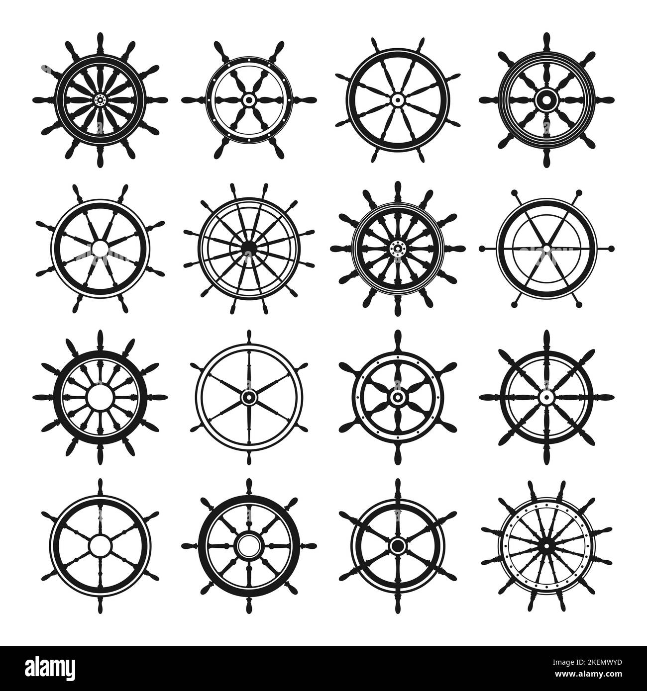 Collection of vintage steering wheels. Ship, yacht retro wheel symbol