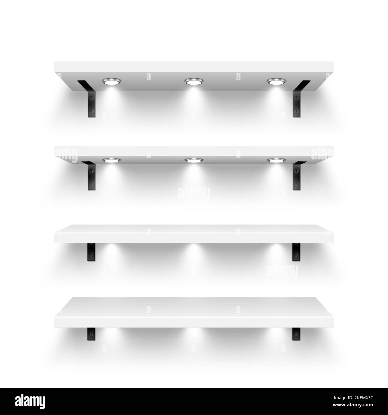 Realistic white store shelves with wall mount and lighting, spotlights
