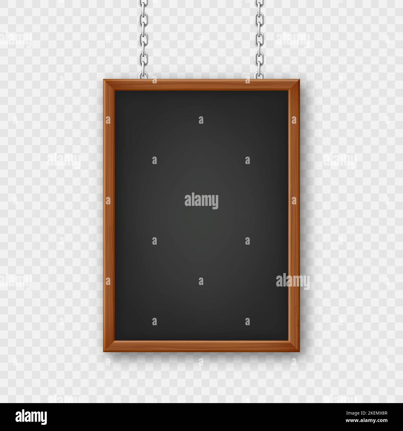 Signboard in a wooden frame hanging on a metal chain. Restaurant menu ...