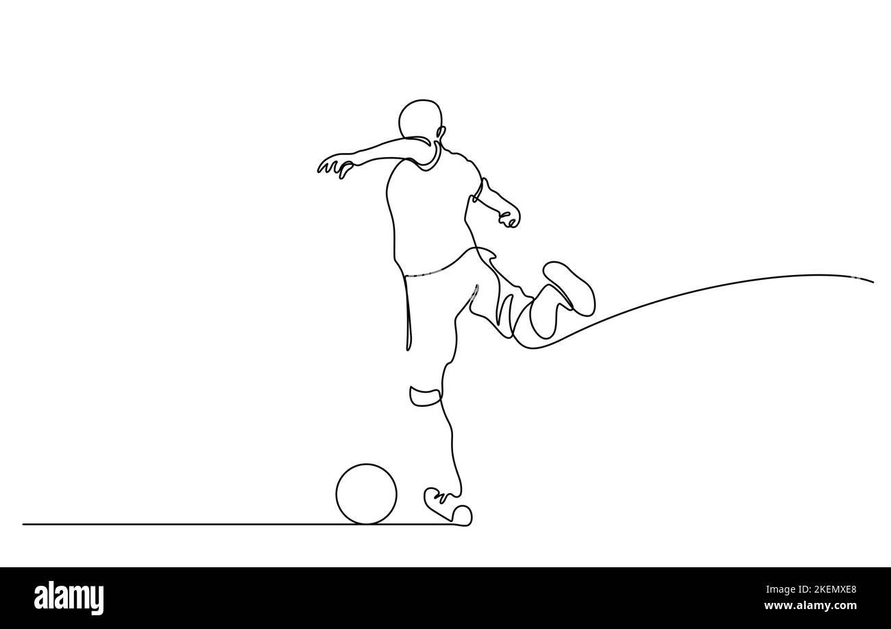 continuous line drawing of man shooting football vector illustration